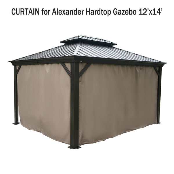 A set of curtains designed for a 12'x14' Alexander Hardtop Gazebo. The curtains are in a neutral beige color and cover the sides of the gazebo, which features a dark - colored metal roof. The text above the image reads "CURTAIN for Alexander Hardtop Gazebo 12'x14'". Beige Curtains for 12'x14' Alexander Hardtop Gazebo. outdoor gazebo, Alexander Hardtop Gazebo, 12x14 gazebo, gazebo curtains, beige curtains.