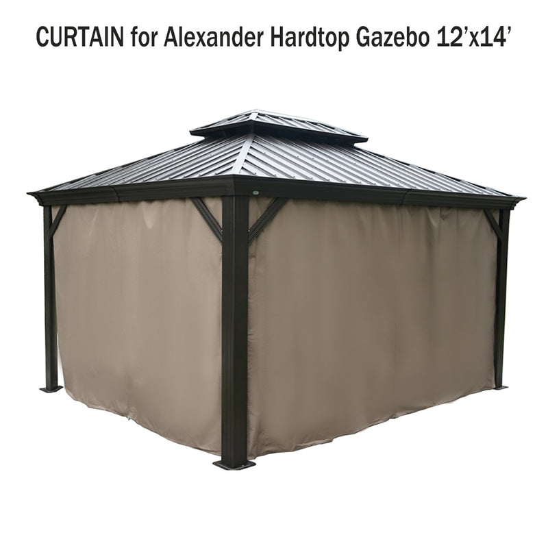A set of curtains designed for a 12'x14' Alexander Hardtop Gazebo. The curtains are in a neutral beige color and cover the sides of the gazebo, which features a dark - colored metal roof. The text above the image reads "CURTAIN for Alexander Hardtop Gazebo 12'x14'". Beige Curtains for 12'x14' Alexander Hardtop Gazebo. outdoor gazebo, Alexander Hardtop Gazebo, 12x14 gazebo, gazebo curtains, beige curtains.