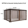 A set of netting designed for a 12'x14' Alexander hardtop gazebo. The netting measures 144.48 inches in width and 79.5 inches in height, providing a protective barrier against insects.Netting for 12'x14' Alexander Hardtop Gazebo: Insect - Protection Solution. Alexander hardtop gazebo, 12x14 gazebo, gazebo netting, insect protection netting.