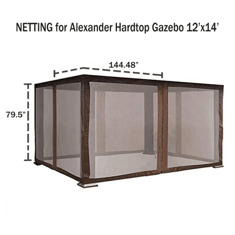 A set of netting designed for a 12'x14' Alexander hardtop gazebo. The netting measures 144.48 inches in width and 79.5 inches in height, providing a protective barrier against insects.Netting for 12'x14' Alexander Hardtop Gazebo: Insect - Protection Solution. Alexander hardtop gazebo, 12x14 gazebo, gazebo netting, insect protection netting.