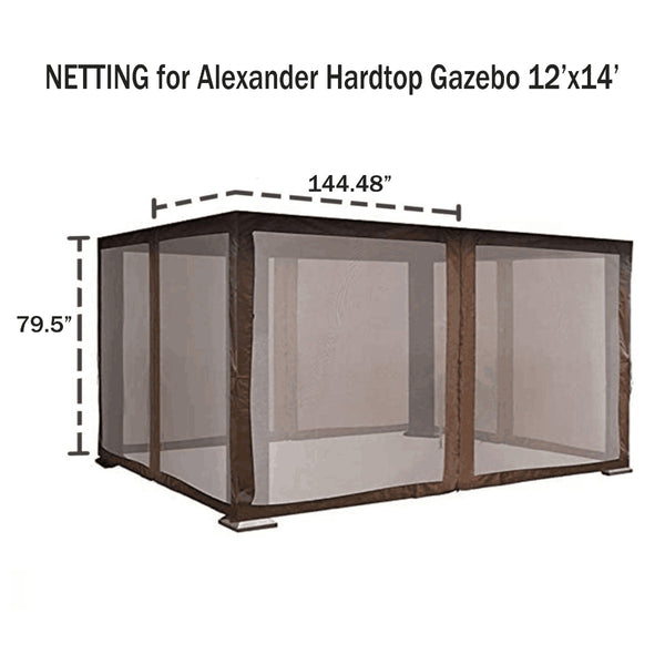 A set of netting designed for a 12'x14' Alexander hardtop gazebo. The netting measures 144.48 inches in width and 79.5 inches in height, providing a protective barrier against insects.Netting for 12'x14' Alexander Hardtop Gazebo: Insect - Protection Solution. Alexander hardtop gazebo, 12x14 gazebo, gazebo netting, insect protection netting.