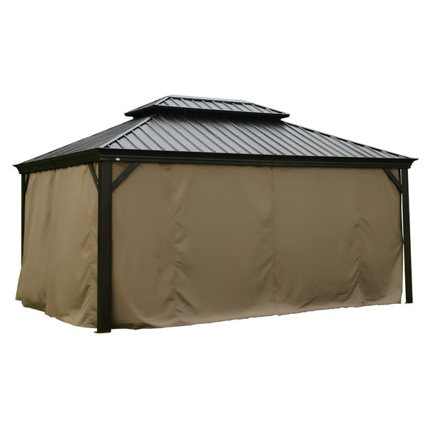 A gazebo with a dark - hued metal roof featuring a double - tiered design is fully enclosed by beige - colored fabric curtains. The sturdy black metal frame of the gazebo is visible at the corners, providing a robust structure. The curtains appear to offer complete privacy, enclosing the entire structure. Gazebo with Beige Privacy Curtains and Dark Metal Roof nclosed Gazebo: Beige Curtains for Privacy and a Sturdy Metal Roofgazebo, beige curtains, privacy curtains, dark metal roof, enclosed gazebo

