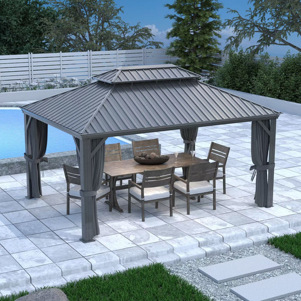 Kozyard Alexander Hardtop Aluminum Permanent Gazebo with a Mosquito Net and Privacy Sidewalls (Alexander 12'x16' (Gray))