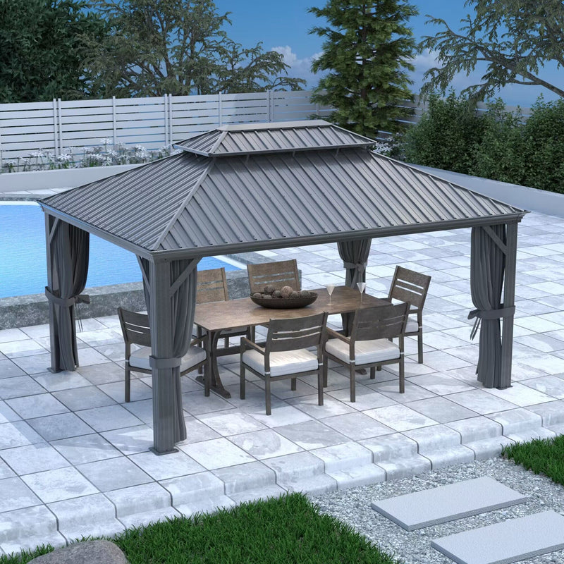 Kozyard Alexander Hardtop Aluminum Permanent Gazebo with a Mosquito Net and Privacy Sidewalls (Alexander 12'x16' (Gray))
