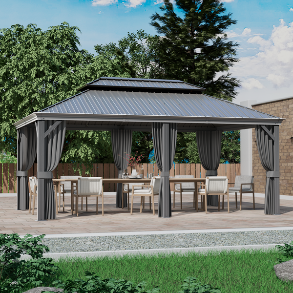 Kozyard Alexander Hardtop Aluminum Permanent Gazebo with a Mosquito Net and Privacy Sidewalls (Alexander 12'x18' (Gray))