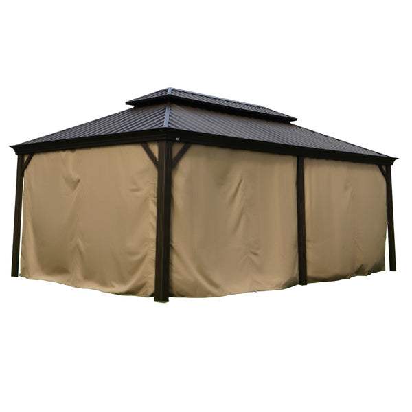This image depicts a gazebo enclosed by beige-colored privacy curtains. The gazebo features a dark-hued, multi-tiered metal roof. The curtains fully cover the sides of the gazebo, providing a private and enclosed space. The structure is supported by dark metal posts, enhancing its sturdiness. Beige Privacy Curtains for a Sturdy Metal-Roofed Gazebo. gazebo, beige privacy curtains, metal-roofed gazebo, enclosed gazebo, privacy curtains