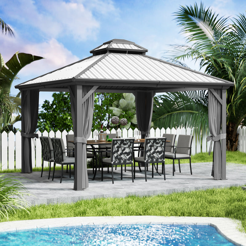 Kozyard Hardtop Gazebo - Permanent Metal Pavilion with Netting and Shaded Curtains for Patio, Backyard, and Deck - Galvanized Steel Outdoor Aluminum Canopy, Double Roof Gazebo