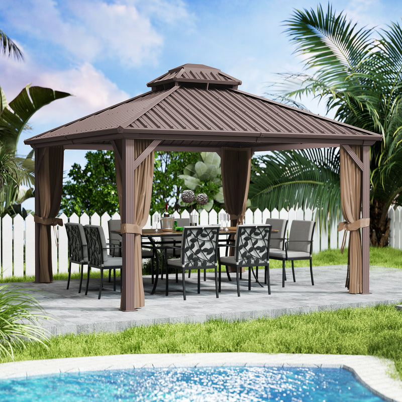 Kozyard Hardtop Gazebo - Permanent Metal Pavilion with Netting and Shaded Curtains for Patio, Backyard, and Deck - Galvanized Steel Outdoor Aluminum Canopy, Double Roof Gazebo