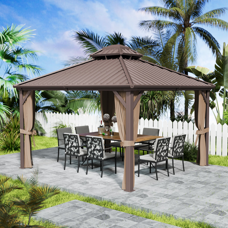 Kozyard Hardtop Gazebo - Permanent Metal Pavilion with Netting and Shaded Curtains for Patio, Backyard, and Deck - Galvanized Steel Outdoor Aluminum Canopy, Double Roof Gazebo