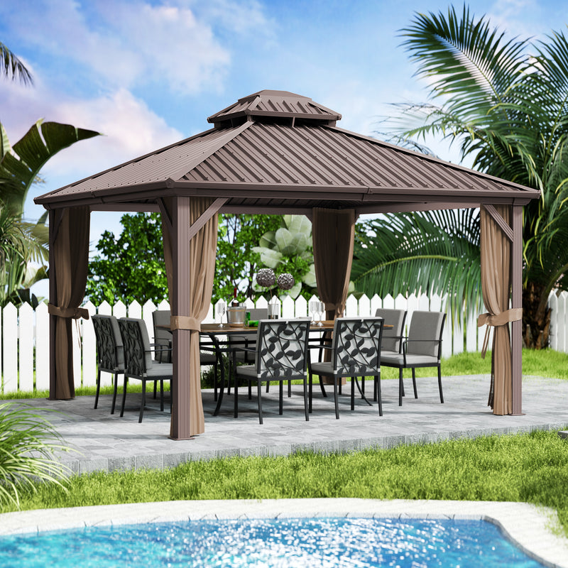 Kozyard Hardtop Gazebo - Permanent Metal Pavilion with Netting and Shaded Curtains for Patio, Backyard, and Deck - Galvanized Steel Outdoor Aluminum Canopy, Double Roof Gazebo