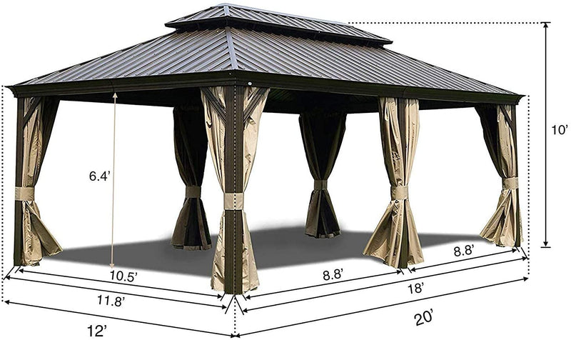 Kozyard Alexander 12' X 20' Hardtop Gazebo, Aluminum Metal Gazebo with Galvanized Steel Double Roof Canopy, Curtain and Netting, Permanent Gazebo Pavilion for Patio, Backyard, Deck, Lawn (Brown)