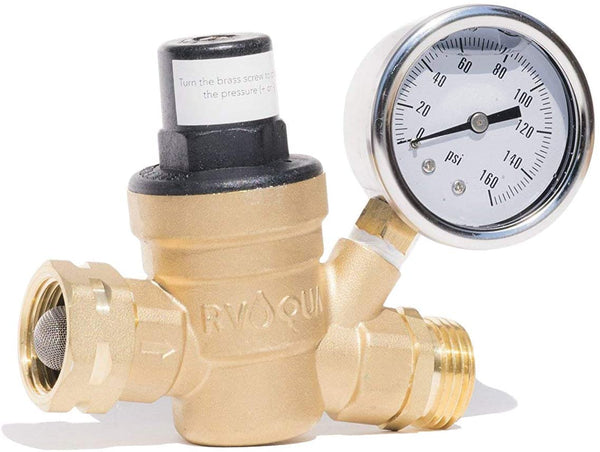 RVQU Brass Water Pressure Regulator with Gauge
A brass water pressure regulator by RVQU featuring a pressure gauge, used for adjusting water pressure. Keywords: water pressure regulator, brass regulator, pressure gauge
