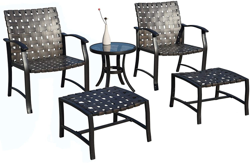 Kozyard OLIVIA5 Piece Leather-Ware Outdoor Patio Conversation Set with 2 Chairs 2 Ottomans and Glass Coffee Table for Patio, Deck, Porch, Poolside Conversation or Drinks