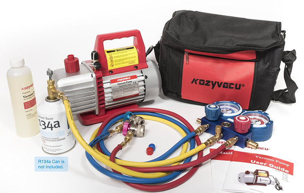 KOZYVACU vacuum pump kit with manifold gauge, hoses, oil, and carrying bag; R134a can not included. KOZYVACU vacuum pump, manifold gauge, hoses, vacuum pump oil, carrying bag, R134a. KOZYVACU Vacuum Pump Kit with Manifold Gauge and Hoses - R134a Not Included. KOZYVACU vacuum pump, manifold gauge, hoses, vacuum pump oil, carrying bag, R134a.