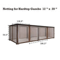 A mosquito net designed for a 12" x 20" hardtop gazebo. The netting is attached to a dark - brown frame. Dimensions are marked: 79.5" in height, 118.9" in one horizontal length, and 106.3" in the other horizontal length. The text at the top reads "Netting for Hardtop Gazebo 12 '' x 20 ''.12' x 20' Hardtop Gazebo Mosquito Netting: Insect - Proof Coverage. outdoor gazebo, 12x20 hardtop gazebo, mosquito netting, insect protection, net dimensions