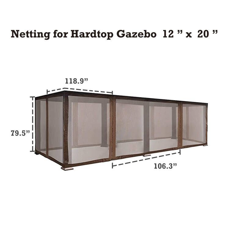 A mosquito net designed for a 12" x 20" hardtop gazebo. The netting is attached to a dark - brown frame. Dimensions are marked: 79.5" in height, 118.9" in one horizontal length, and 106.3" in the other horizontal length. The text at the top reads "Netting for Hardtop Gazebo 12 '' x 20 ''.12' x 20' Hardtop Gazebo Mosquito Netting: Insect - Proof Coverage. outdoor gazebo, 12x20 hardtop gazebo, mosquito netting, insect protection, net dimensions