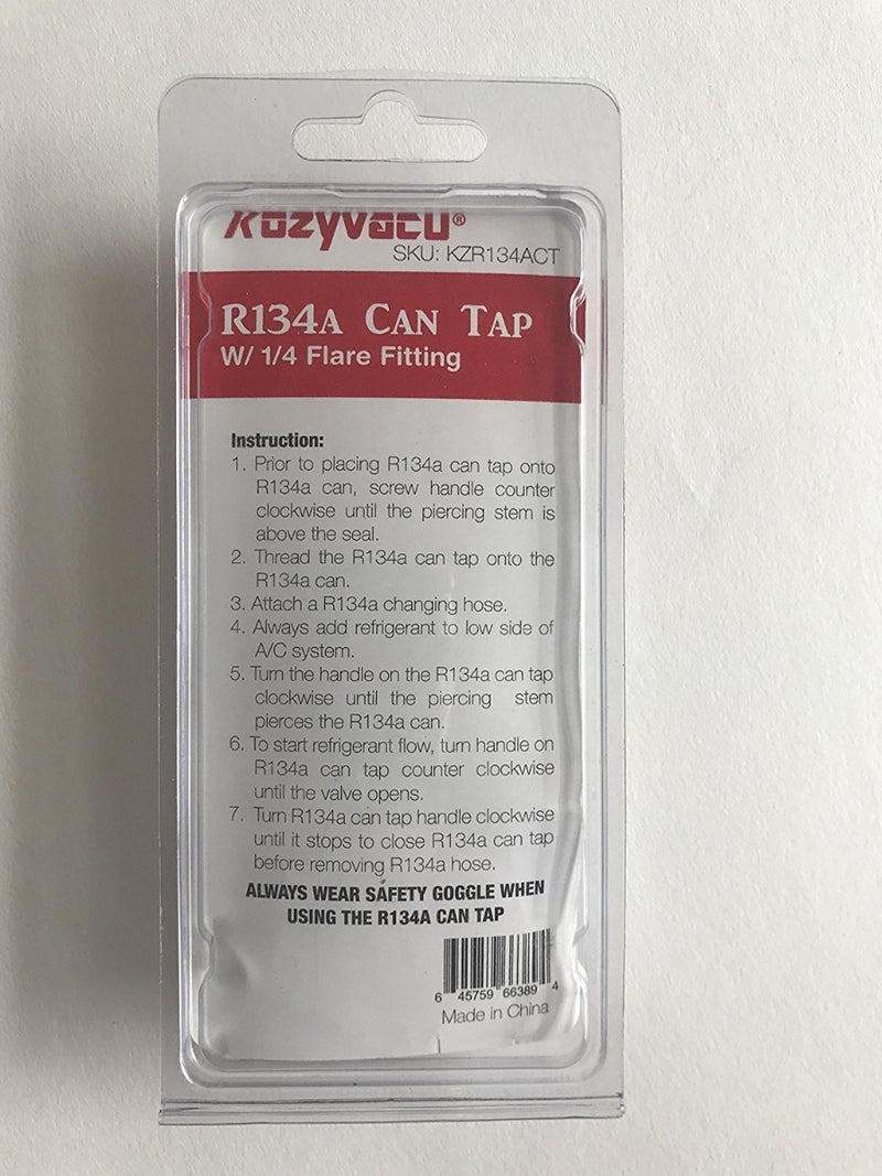 Kozyvacu R134A Can Tap with 1/4 Flare Fitting
A packaged Kozyvacu R134A can tap with 1/4 flare fitting, including usage instructions. Keywords: R134A can tap, 1/4 flare fitting, refrigerant can tap