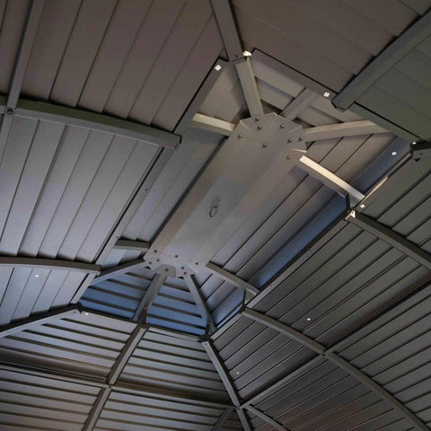 Under - Roof Structure of Outdoor Gazebo
The underside of an outdoor gazebo roof, showcasing its metal framework, slatted panels, and a central structural component. Keywords: outdoor gazebo, roof structure, metal framework