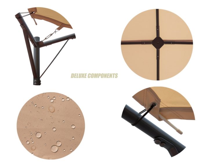 This image showcases the deluxe components of a KOZYARD Sun Shade Gazebo. It features a durable metal frame with secure connections, a canopy that repels water as indicated by the water droplets on its surface, and adjustable parts for a customized fit. KOZYARD Sun Shade Gazebo: Deluxe Components. KOZYARD sun shade gazebo, deluxe components, durable metal frame, water - repellent canopy, adjustable parts.