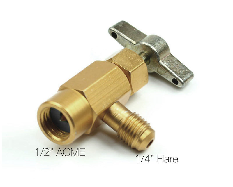 1/2"ACME to 1/4" Flare Brass Connector
1/2"ACME thread on one end and a 1/4" flare fitting on the other, accompanied by a metal handle. Keywords: brass connector, ACME thread, flare fitting
