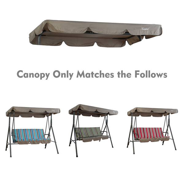 The image features a beige canopy designed for swing chairs. At the top, the canopy is shown on its own, highlighting its shape and the "Tangkula" branding. Below, there is text that reads "Canopy Only Matches the Follows," followed by three images of swing chairs with different - colored seat cushions (blue and white stripes, green and white stripes, and red and white stripes) all topped with the same beige canopy.Beige Swing Chair Canopy - Compatible with Select Models.swing chair canopy, beige canopy
