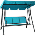 A three-seater swing chair with a blue canopy and seating fabric. The chair has a sturdy black metal frame, providing a comfortable and shaded spot for relaxation in outdoor spaces like gardens or patios. Blue Canopy Swing Chair for Outdoor Relaxation.
swing chair, outdoor seating, blue canopy, three-seater, metal frame