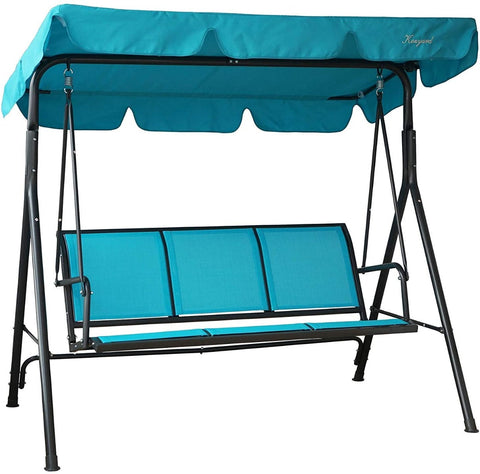 A three-seater swing chair with a blue canopy and seating fabric. The chair has a sturdy black metal frame, providing a comfortable and shaded spot for relaxation in outdoor spaces like gardens or patios. Blue Canopy Swing Chair for Outdoor Relaxation.
swing chair, outdoor seating, blue canopy, three-seater, metal frame