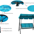 A blue-colored swing chair with detailed features highlighted. The canopy is an adjustable sunshade made of embroidered fabric. The seat is crafted from breathable Textilene material. The swing is equipped with strong stainless-steel spring hooks, a sturdy connecting bar, and anti-slipping plastic end caps. The brand "KOZYARD" is prominently displayed. KOZYARD Blue Swing Chair: Quality Features Unveiled. blue swing chair, KOZYARD, adjustable canopy, breathable Textilene, stainless-steel spring