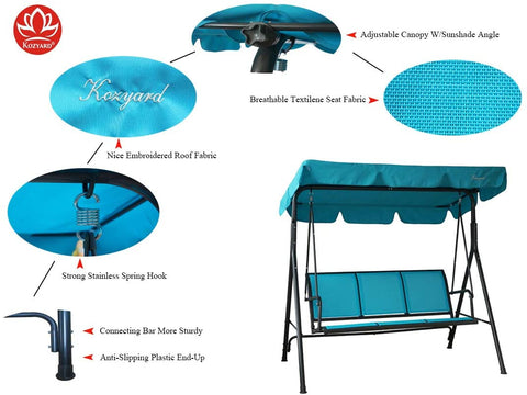 A blue-colored swing chair with detailed features highlighted. The canopy is an adjustable sunshade made of embroidered fabric. The seat is crafted from breathable Textilene material. The swing is equipped with strong stainless-steel spring hooks, a sturdy connecting bar, and anti-slipping plastic end caps. The brand "KOZYARD" is prominently displayed. KOZYARD Blue Swing Chair: Quality Features Unveiled. blue swing chair, KOZYARD, adjustable canopy, breathable Textilene, stainless-steel spring