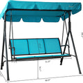 A blue-colored swing chair with a canopy. The swing chair has a sturdy black metal frame. Dimensions are labeled, indicating its length, width, and height. The seat is made of blue fabric, and it can accommodate multiple people. Blue Outdoor Swing Chair with Canopy: Dimensions and Style.
blue swing chair, outdoor swing, swing with canopy, metal-framed swing, swing chair dimensions

