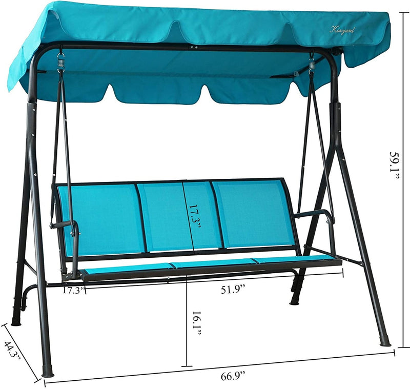 A blue-colored swing chair with a canopy. The swing chair has a sturdy black metal frame. Dimensions are labeled, indicating its length, width, and height. The seat is made of blue fabric, and it can accommodate multiple people. Blue Outdoor Swing Chair with Canopy: Dimensions and Style.
blue swing chair, outdoor swing, swing with canopy, metal-framed swing, swing chair dimensions

