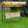 A beige - colored outdoor swing chair set on a lush green lawn. The swing features a canopy of the same beige hue, providing shade. The seating area is composed of beige fabric panels, and a decorative patterned pillow adds a touch of style. The chair has a sturdy black metal frame, making it a cozy spot for relaxation in the garden.Beige Outdoor Swing Chair for Garden Relaxation. Beige Outdoor Swing Chair for Garden Relaxation