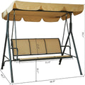 A beige - colored swing chair with a canopy. The swing chair has a sturdy black metal frame. Dimensions are labeled, indicating its length, width, and height. The seat is made of beige fabric, and it can accommodate multiple people.Beige Outdoor Swing Chair with Canopy: Dimensions and Style. beige swing chair, outdoor swing, swing with canopy, metal - framed swing, swing chair dimensions