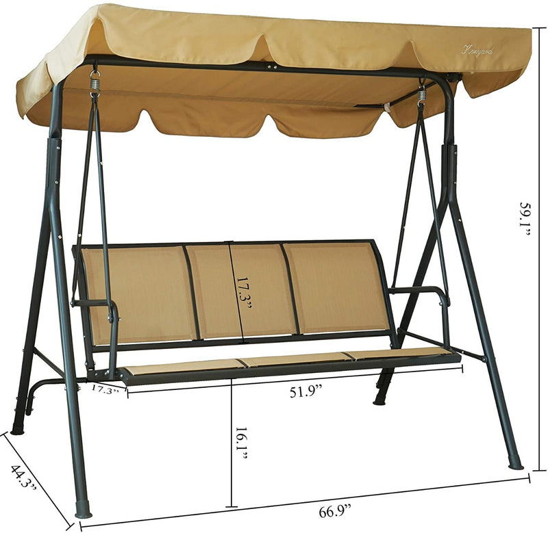 A beige - colored swing chair with a canopy. The swing chair has a sturdy black metal frame. Dimensions are labeled, indicating its length, width, and height. The seat is made of beige fabric, and it can accommodate multiple people.Beige Outdoor Swing Chair with Canopy: Dimensions and Style. beige swing chair, outdoor swing, swing with canopy, metal - framed swing, swing chair dimensions