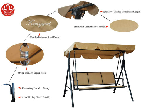 A beige - colored swing chair with detailed features highlighted. The canopy is an adjustable sunshade made of embroidered fabric. The seat is crafted from breathable Textilene material. The swing is equipped with strong stainless - steel spring hooks, a sturdy connecting bar, and anti - slipping plastic end caps. The brand "KOZYARD" is prominently displayed.KOZYARD Beige Swing Chair: Quality Features Unveiled. beige swing chair, KOZYARD, adjustable canopy, breathable Textilene, stainless - steel spring.
