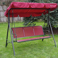 A red-colored outdoor swing chair set on a lush green lawn. The swing features a canopy of the same red hue, providing shade. The seating area is composed of red fabric panels, and a decorative patterned pillow adds a touch of style. The chair has a sturdy black metal frame, making it a cozy spot for relaxation in the garden. Red Outdoor Swing Chair for Garden Relaxation.
Red Outdoor Swing Chair for Garden Relaxation