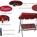 A red-colored swing chair with detailed features highlighted. The canopy is an adjustable sunshade made of embroidered fabric. The seat is crafted from breathable Textilene material. The swing is equipped with strong stainless-steel spring hooks, a sturdy connecting bar, and anti-slipping plastic end caps. The brand "KOZYARD" is prominently displayed. KOZYARD Red Swing Chair: Quality Features Unveiled. red swing chair, KOZYARD, adjustable canopy, breathable Textilene, stainless-steel spring