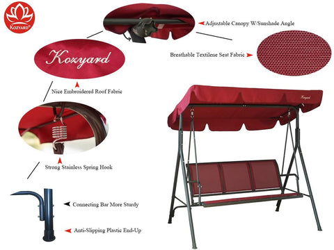 A red-colored swing chair with detailed features highlighted. The canopy is an adjustable sunshade made of embroidered fabric. The seat is crafted from breathable Textilene material. The swing is equipped with strong stainless-steel spring hooks, a sturdy connecting bar, and anti-slipping plastic end caps. The brand "KOZYARD" is prominently displayed. KOZYARD Red Swing Chair: Quality Features Unveiled. red swing chair, KOZYARD, adjustable canopy, breathable Textilene, stainless-steel spring