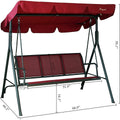 A red-colored swing chair with a canopy. The swing chair has a sturdy black metal frame. Dimensions are labeled, indicating its length, width, and height. The seat is made of red fabric, and it can accommodate multiple people. Red Outdoor Swing Chair with Canopy: Dimensions and Style.
red swing chair, outdoor swing, swing with canopy, metal-framed swing, swing chair dimensions