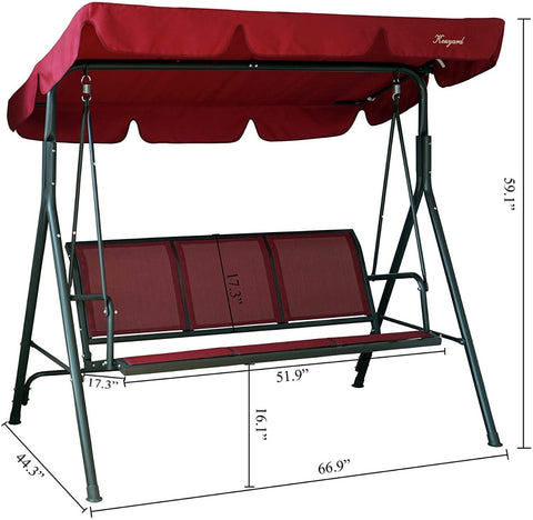 A red-colored swing chair with a canopy. The swing chair has a sturdy black metal frame. Dimensions are labeled, indicating its length, width, and height. The seat is made of red fabric, and it can accommodate multiple people. Red Outdoor Swing Chair with Canopy: Dimensions and Style.
red swing chair, outdoor swing, swing with canopy, metal-framed swing, swing chair dimensions