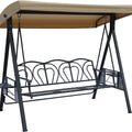 Tan - Canopied Outdoor Swing Bench with Decorative Backrest
An outdoor swing bench featuring a tan canopy and a decorative black metal backrest. It has a sturdy frame and foldable side tables, ideal for creating a stylish and comfortable outdoor relaxation area.
