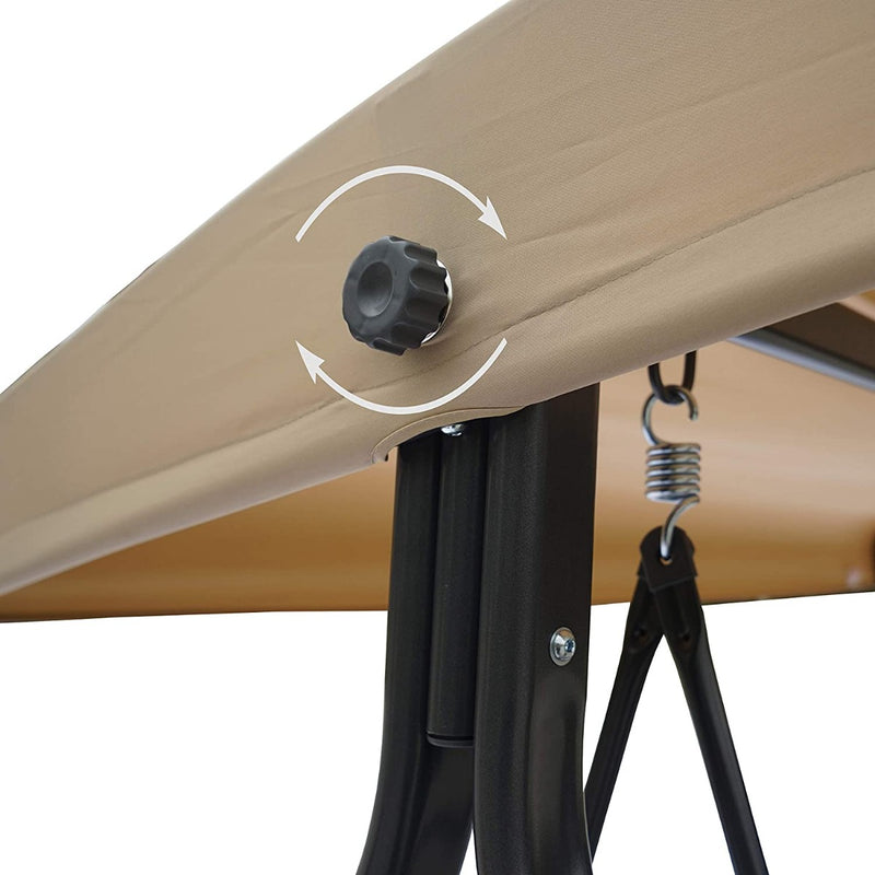 Adjustable Canopy Mechanism of Outdoor Swing Bench
A close - up view of the adjustable canopy mechanism on an outdoor swing bench, highlighting the knob that allows for canopy adjustment. Ideal for showcasing the functionality and user - friendly design feature.