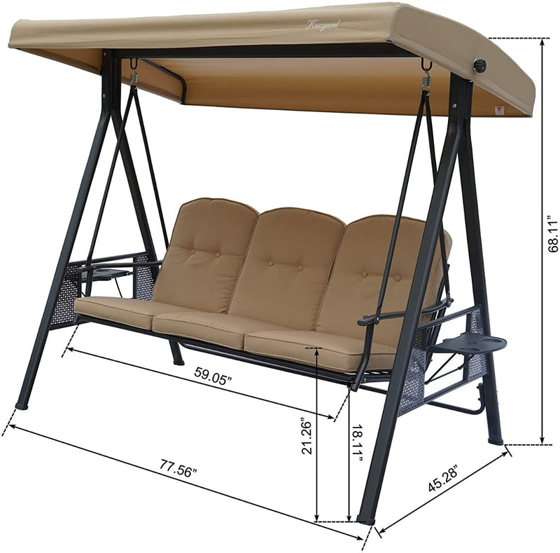 Tan Outdoor Swing Bench Dimensions
A tan outdoor swing bench with labeled dimensions, including overall height (68.11"), length (77.56"), and other measurements. Ideal for understanding the size and fit in various outdoor spaces.
