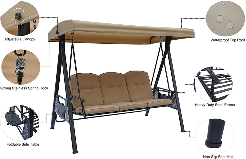 Tan Outdoor Swing Bench - Feature Highlights
An illustrated breakdown of a tan outdoor swing bench, highlighting key features such as an adjustable canopy, waterproof top roof, strong stainless spring hook, heavy-duty steel frame, foldable side table, and non-slip foot mat. Ideal for showcasing its functionality and durability.
