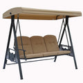 Tan Outdoor Swing Bench with Canopy
A tan outdoor swing bench with a matching canopy, featuring cushioned seating and a sturdy black metal frame. Ideal for creating a comfortable and shaded outdoor relaxation spot.
