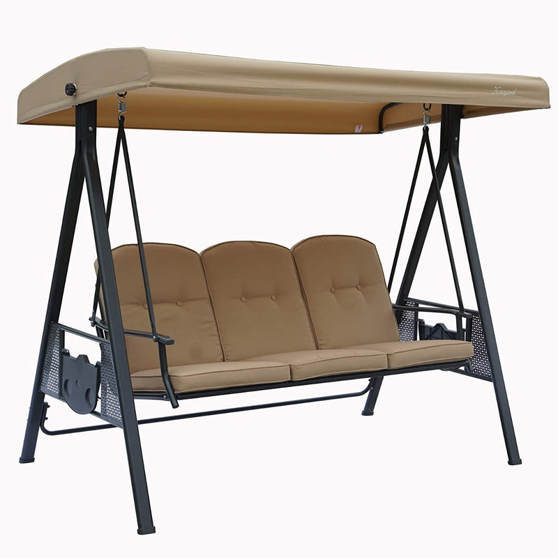 Tan Outdoor Swing Bench with Canopy
A tan outdoor swing bench with a matching canopy, featuring cushioned seating and a sturdy black metal frame. Ideal for creating a comfortable and shaded outdoor relaxation spot.
