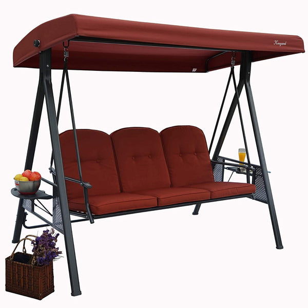 Red Outdoor Swing Bench with Canopy
A red outdoor swing bench with a matching red canopy, branded "Kinyard". It features a sturdy black metal frame, cushioned seating, side mesh pockets, and cup holders. Ideal for creating a comfortable and shaded relaxation spot in the patio or garden.

