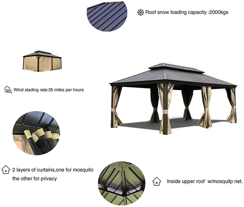 Kozyard Alexander 12' X 20' Hardtop Gazebo, Aluminum Metal Gazebo with Galvanized Steel Double Roof Canopy, Curtain and Netting, Permanent Gazebo Pavilion for Patio, Backyard, Deck, Lawn (Brown)