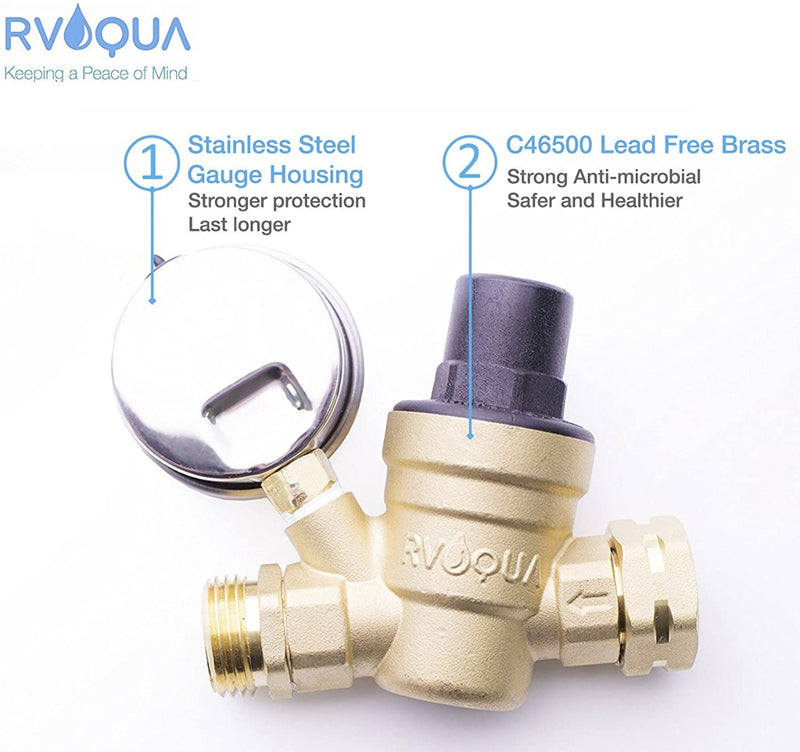 RVAQUA M11-45PSI Water Pressure Regulator for RV Camper - Brass Lead-Free Adjustable RV Water Pressure Reducer with 160 PSI Gauge and Inlet Stainless Screened Filter