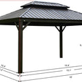 A technical illustration of a 12' x 16' outdoor gazebo with precise dimensions marked. The gazebo has a double - tiered metal roof and is supported by sturdy posts. The height of the structure is 10 feet, and the interior height from the ground to the lower roof section is 6.5 feet. Various base dimensions are indicated, showing the footprint of the gazebo. 12' x 16' Outdoor Gazebo: Dimensioned Technical Drawing. outdoor gazebo, 12x16 gazebo, gazebo dimensions, technical illustration, metal - roofed gazebo.
